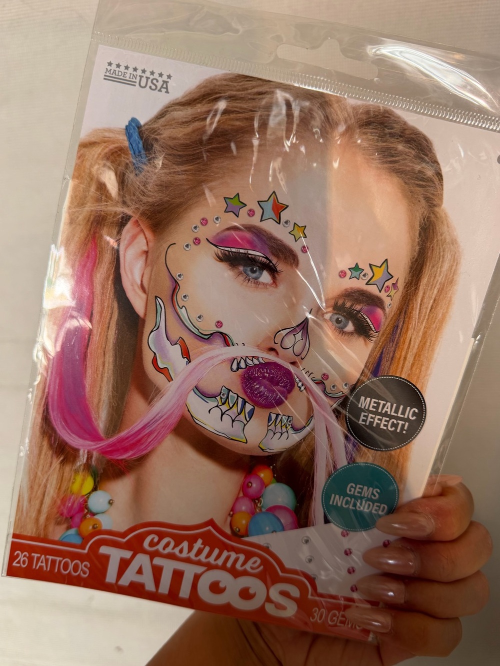 Colorful Skull Candy Unicorn Skeleton Face Halloween Role Play Tattoos with gems